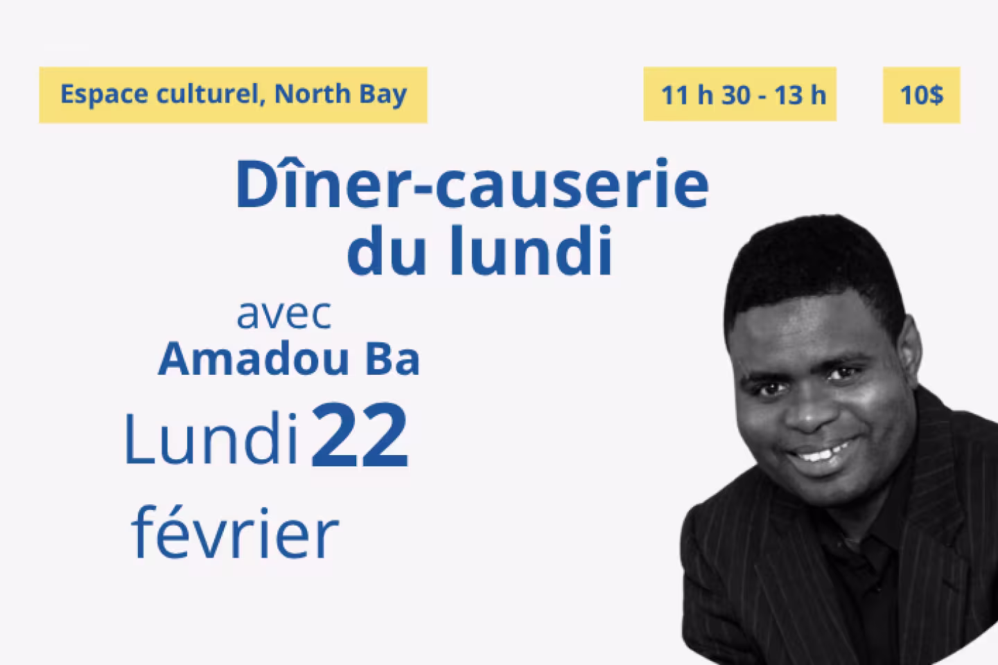 Annonce pour la dîner-causerie avec Amadou Ba