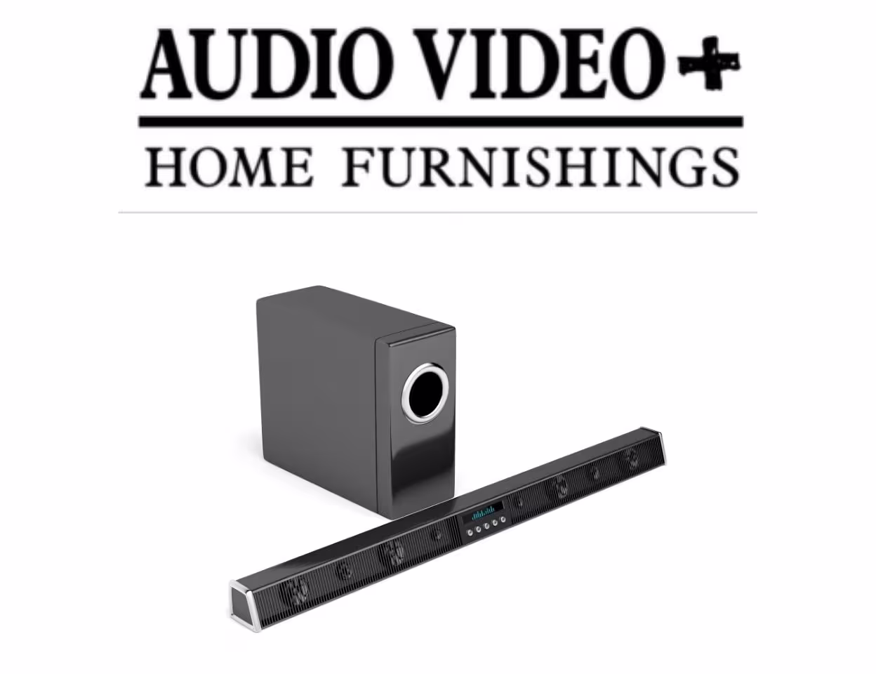 Logo de Audio Vidéo Plus au dessus d'une photo d'un système de son pour cinéma maison