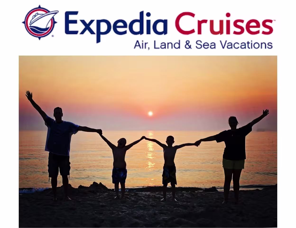 Logo de Expedia Cruises au dessus d'une photo d'une famille en silhouette au coucher du soleil.