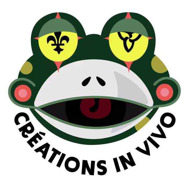 Logo de Créations In Vivo - la tête d'une grenouille caricaturisée avec le lys dans l'oeil gauche et le trillium dans l'oeil droit. 